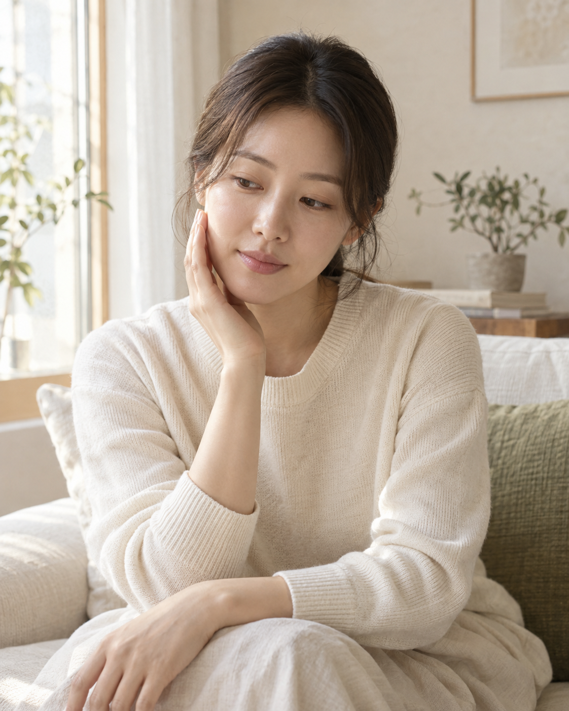 창가의 소파에서 턱에 힘을 빼고 편안하게 쉬는 일상 장면